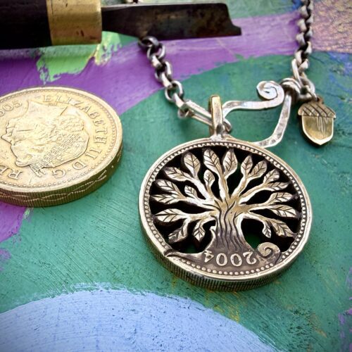 21st birthday gift idea handmade and ethically recycled tree of life necklace pendant made in England from a upcycled pound coin 2005