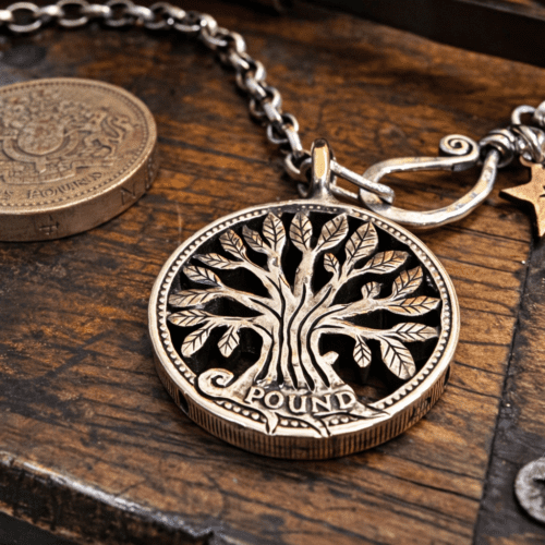 21st birthday gift idea handmade and ethically recycled tree of life necklace pendant made in England from a upcycled pound coin