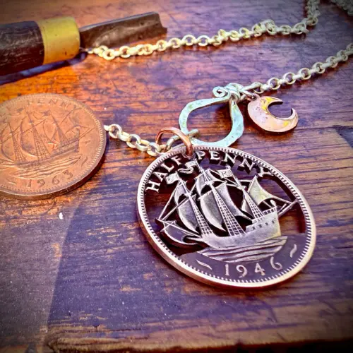 Handcrafted and recycled old half penny coin perfect 80th birthday present gift.