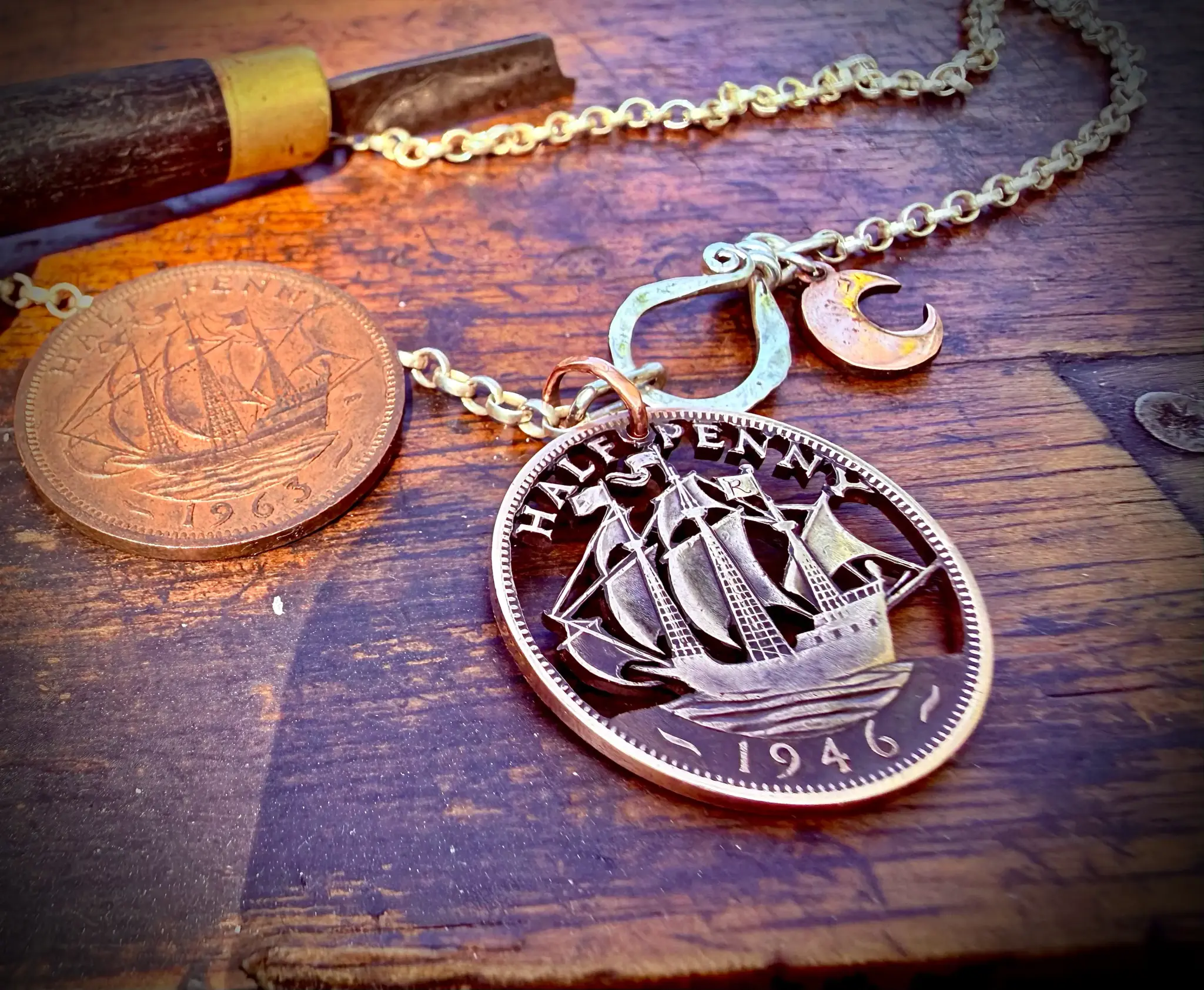 Handcrafted and recycled old half penny coin perfect 80th birthday present gift.