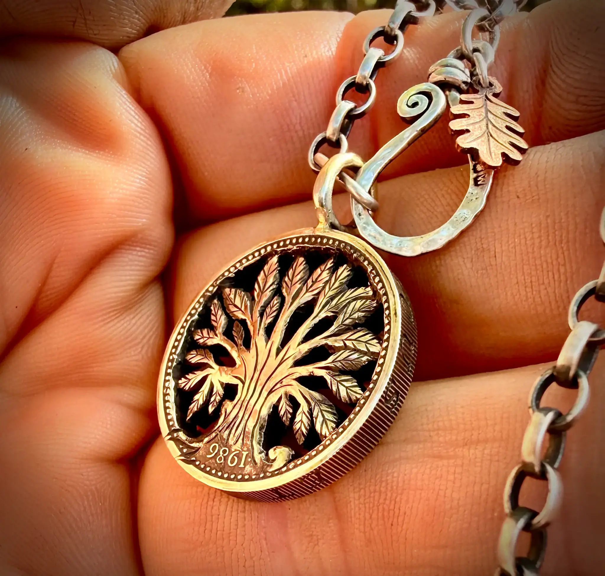 40th birthday gift idea handmade and ethically recycled tree of life necklace pendant made in England from a upcycled pound coin