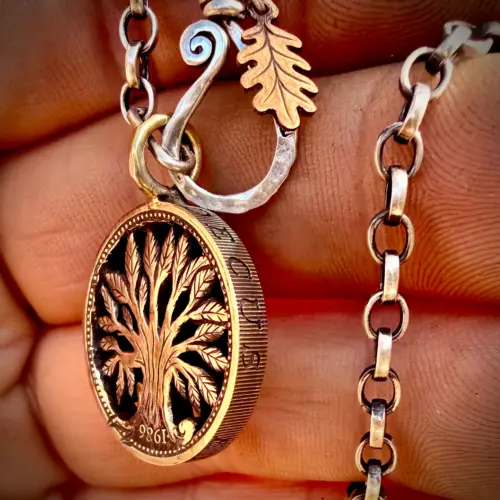 40th birthday gift idea handmade and ethically recycled tree of life necklace pendant made in England from a upcycled pound coin