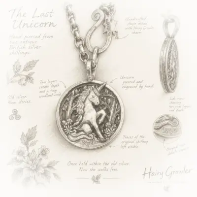 the last unicorn made from recycled silver shillings. A unique wearable artwork by Hairy Growler, Cambridge. Made in England