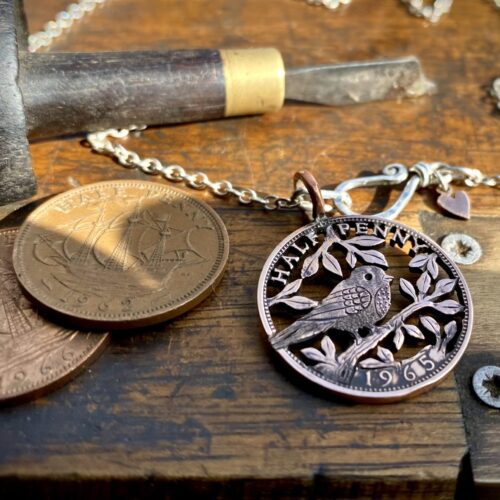 60th birthday 1965 half penny coin transformed Bird coin necklace - handmade and recycled Half Penny jewellery