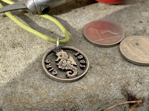 shamrock seahorse lucky amulet handmade from Irish sixpence coin