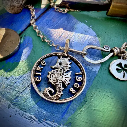 shamrock seahorse lucky amulet handmade from Irish sixpence coin