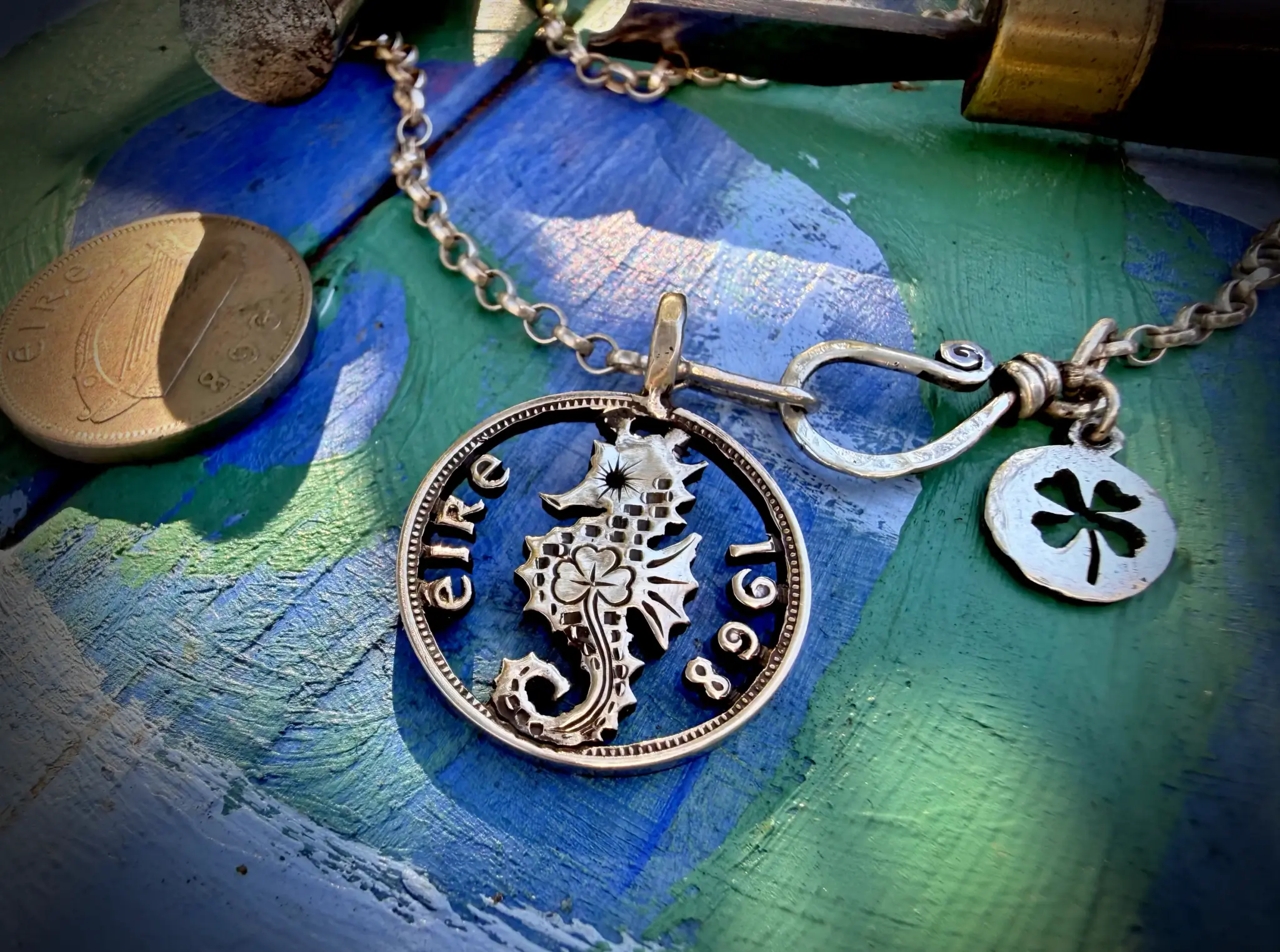 shamrock seahorse lucky amulet handmade from Irish sixpence coin