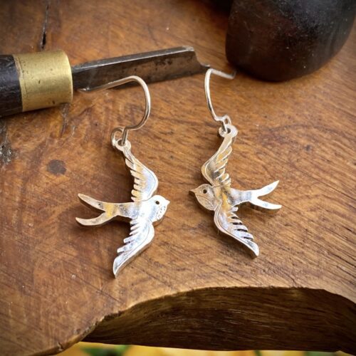 handmade and repurposed antique spoon swallow bird earrings