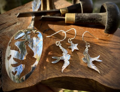 handmade and repurposed antique spoon swallow bird earrings