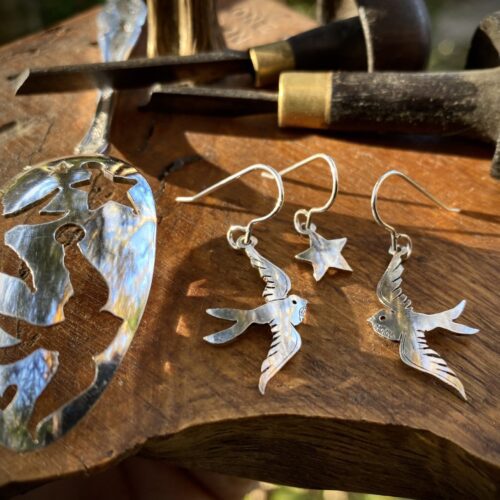 handmade and repurposed antique spoon swallow bird earrings