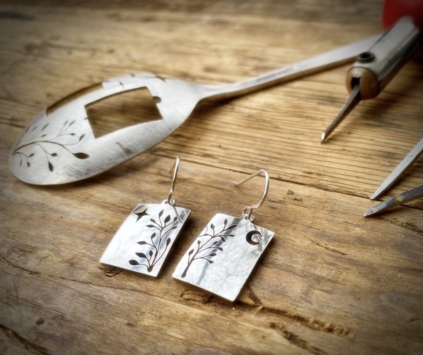 handcrafted and recycled spoon butterfly and flowers earrings