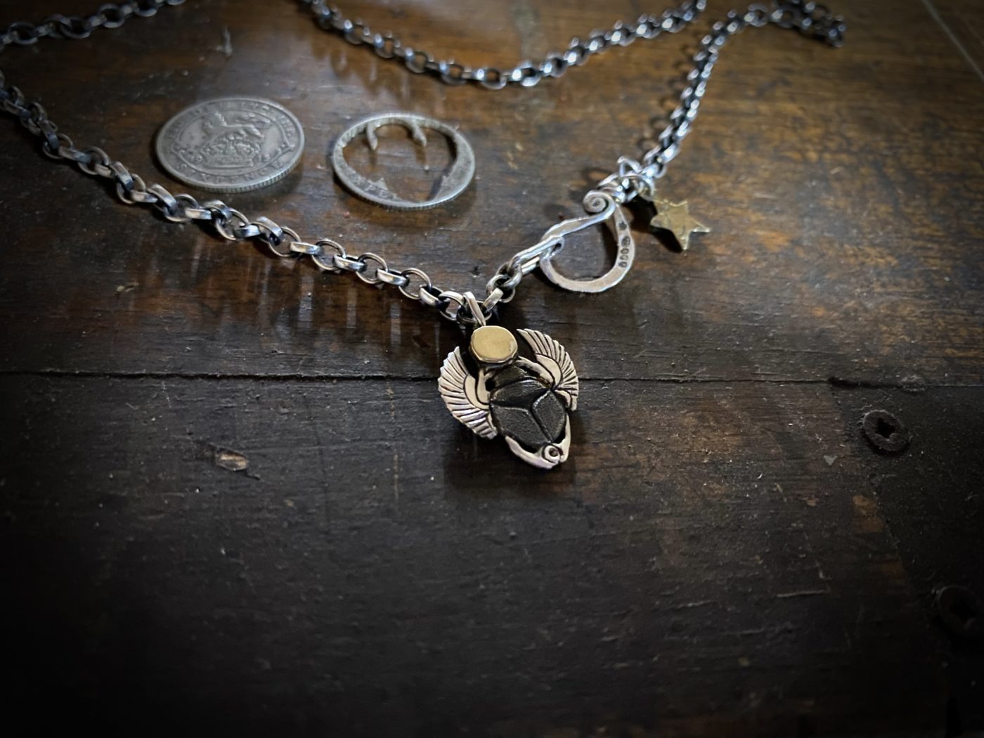 Scarab beetle jewellery - handmade and recycled silver sixpence & bronze coins