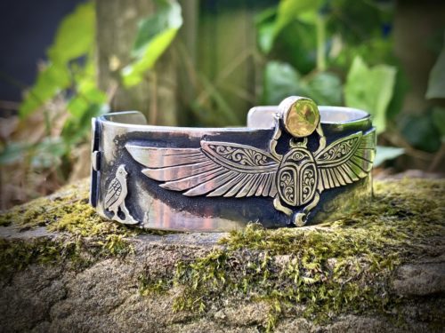 Handcrafted and recycled silver kuff bracelet magical ancient Egyptian scarab beetle jewellery
