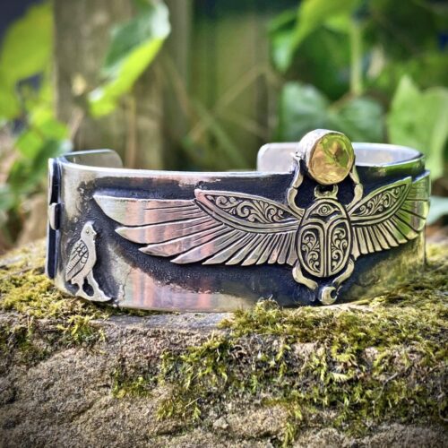 Handcrafted and recycled silver kuff bracelet magical ancient Egyptian scarab beetle jewellery