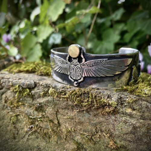 Handcrafted and recycled silver kuff bracelet magical ancient Egyptian scarab beetle jewellery