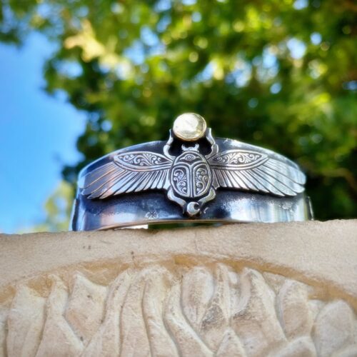 Handcrafted and recycled silver kuff bracelet magical ancient Egyptian scarab beetle jewellery