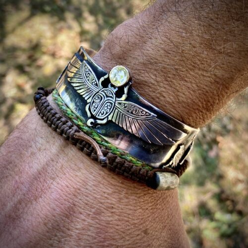 Handcrafted and recycled silver kuff bracelet magical ancient Egyptian scarab beetle jewellery