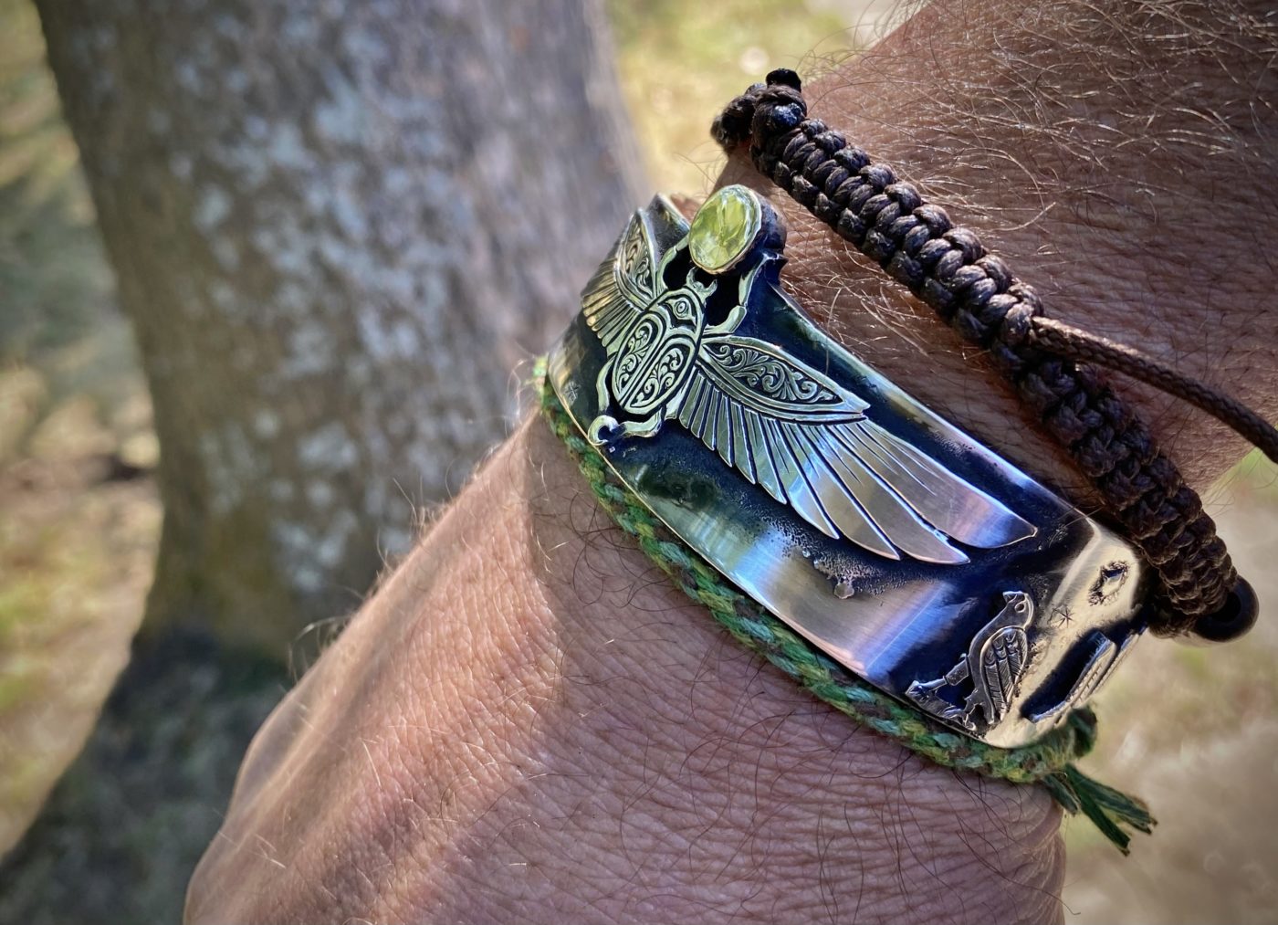 Handcrafted and recycled silver kuff bracelet magical ancient Egyptian scarab beetle jewellery