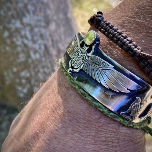 Handcrafted and recycled silver kuff bracelet magical ancient Egyptian scarab beetle jewellery