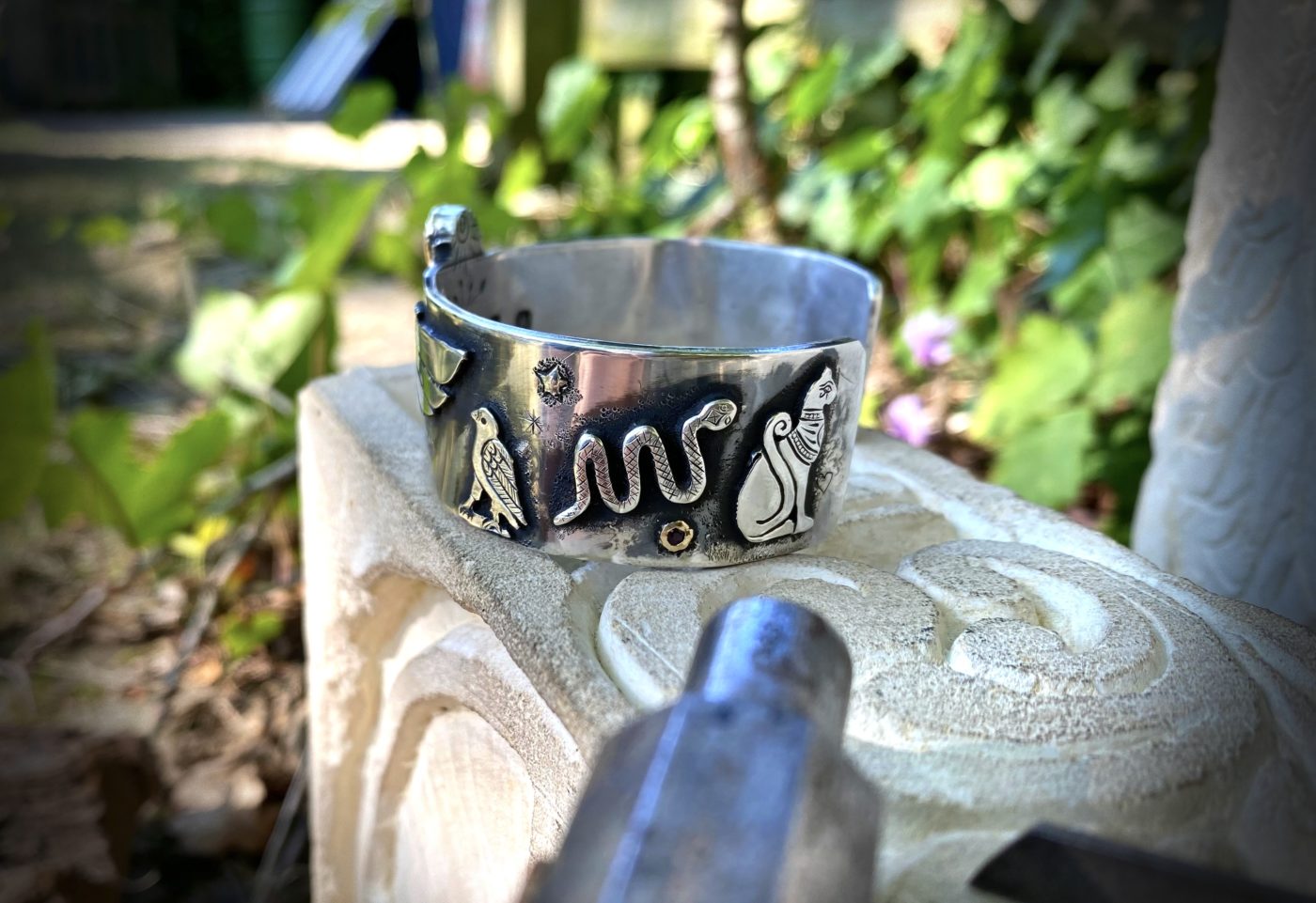Eco-conscious, Handcrafted and recycled silver kuff bracelet magical ancient Egyptian scarab beetle jewellery