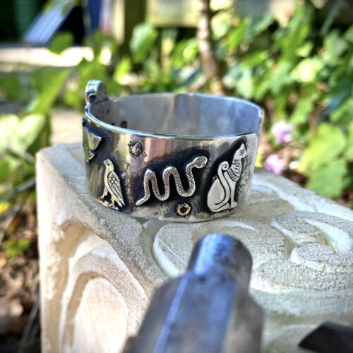 Eco-conscious, Handcrafted and recycled silver kuff bracelet magical ancient Egyptian scarab beetle jewellery