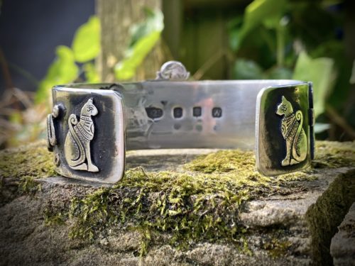 Ethical, Handcrafted and recycled silver kuff bracelet magical ancient Egyptian scarab beetle jewellery