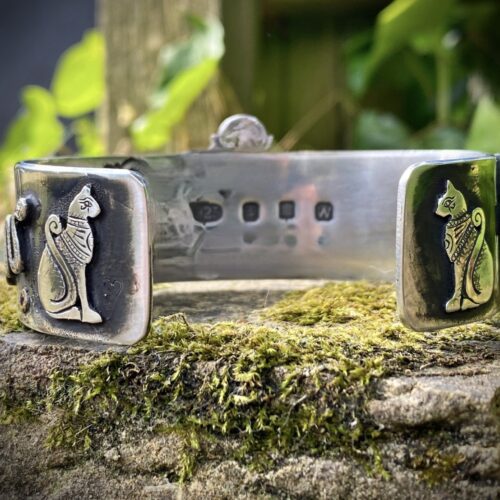 Ethical, Handcrafted and recycled silver kuff bracelet magical ancient Egyptian scarab beetle jewellery