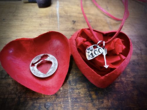 Valentines day silver gift token recycled silver coin shilling jewellery voucher hairy growler