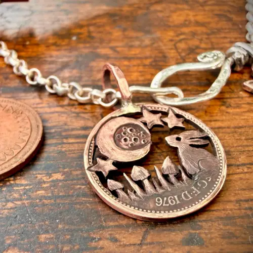 50th birthday gift handmade and upcycled summer solstice Strawberry Moon gazing hare solstice coin necklace pendant made in England