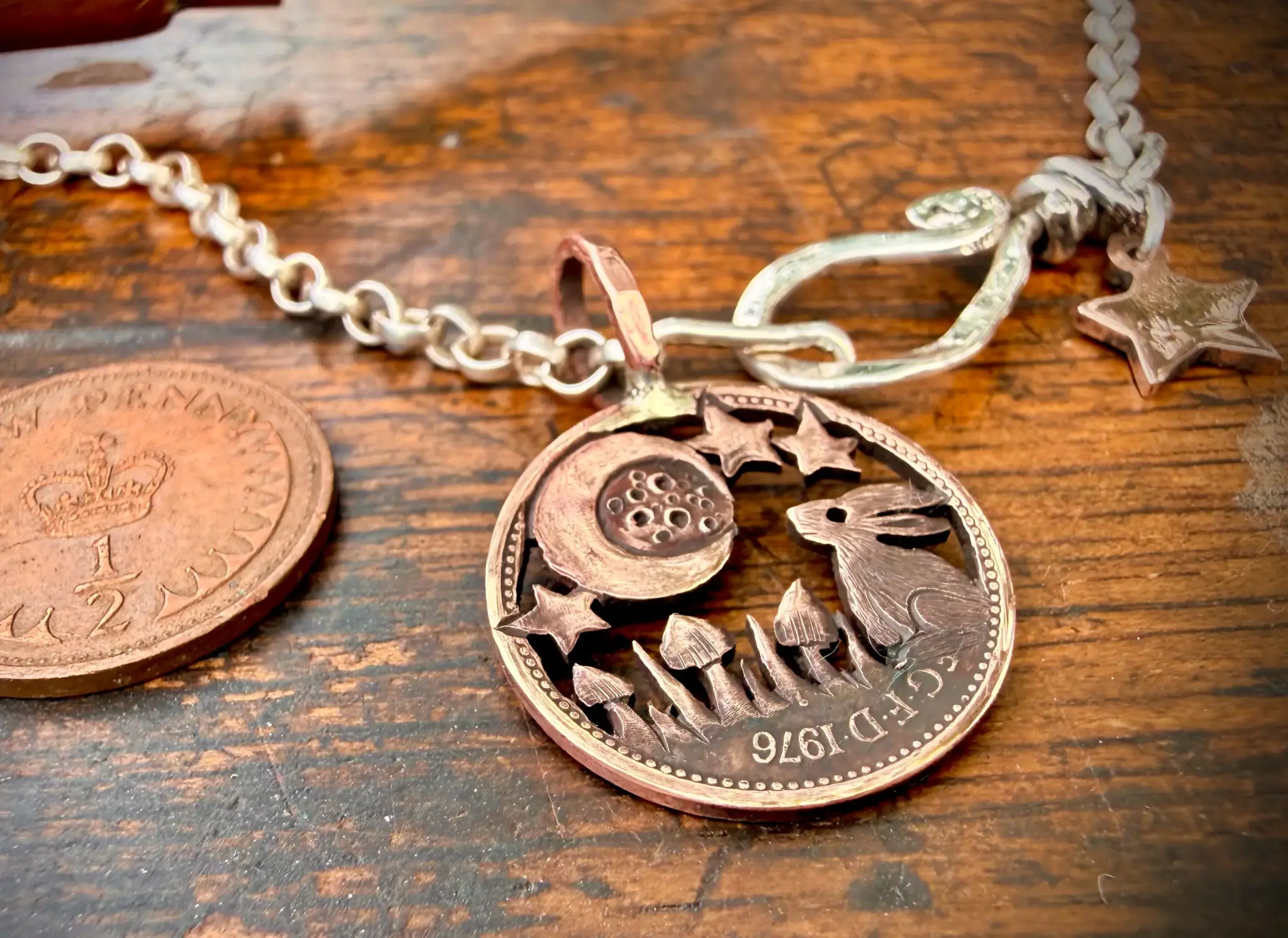 50th birthday gift handmade and upcycled summer solstice Strawberry Moon gazing hare solstice coin necklace pendant made in England