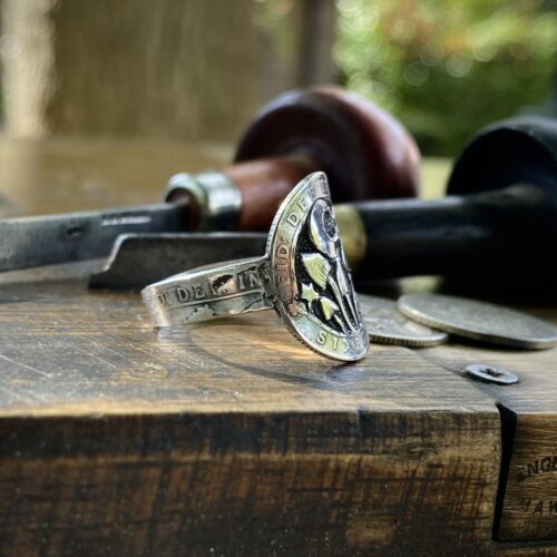 magic mushroom shroom mushies picky luck ring made from silver sixpence coins by hairy Growler