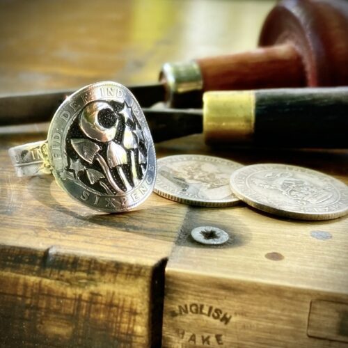 magic mushroom shroom mushies picky luck ring made from silver sixpence coins by hairy Growler