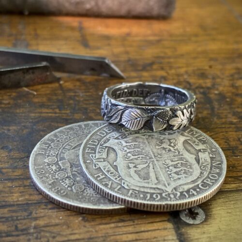 sacred grove ogham tree zodiac ring made from a 120 year old silver coin