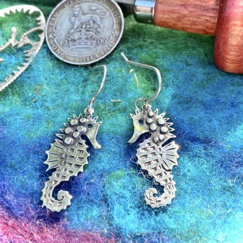 seahorse jewellery - handmade and Recycled silver shilling coin seahorses in love earrings.