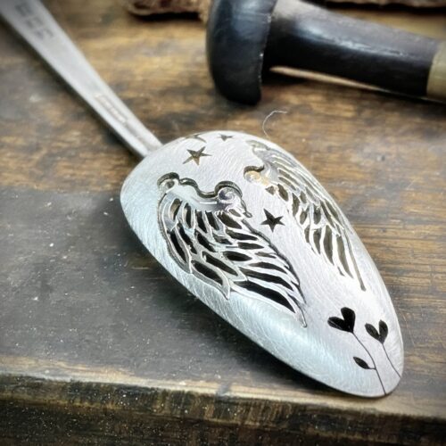 handcrafted and recycled spoon angel wing earrings