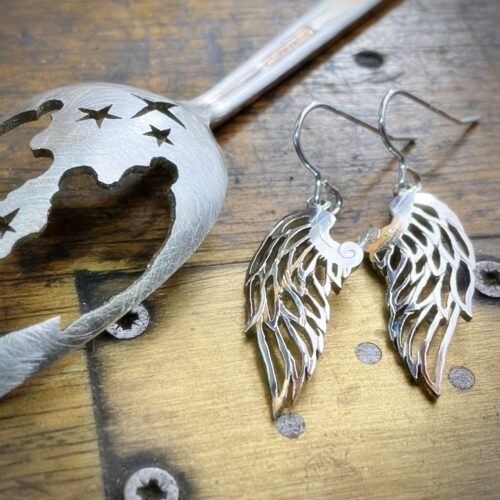 handcrafted and recycled spoon angel wing earrings