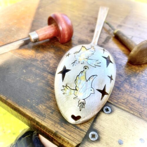 handcrafted and recycled spoon Paraclete Most Holy Spirit dove earrings
