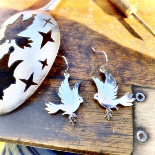 handcrafted and recycled spoon Paraclete Most Holy Spirit dove earrings