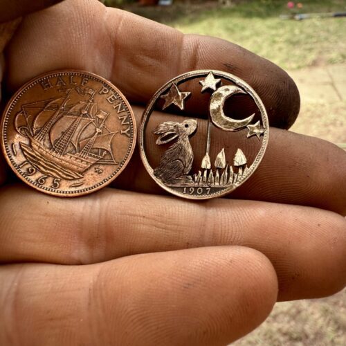 Moon gazing hare brooch badge hand cut and carved from old coin perfect special 50th birthday gift, 60th, 70th, 80th or 40th