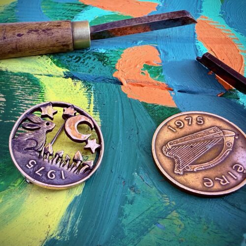 Moon gazing hare brooch badge hand cut and carved from old coin perfect special 50th birthday gift, 60th, 70th, 80th or 40th