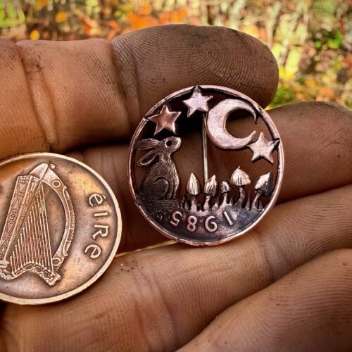 Moon gazing hare brooch badge hand cut and carved from old coin perfect special 50th birthday gift, 60th, 70th, 80th or 40th
