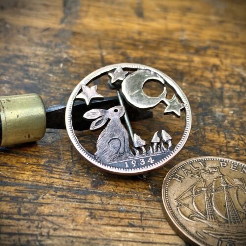 Moon gazing hare brooch badge hand cut and carved from old coin perfect special 50th birthday gift, 60th, 70th, 80th or 40th
