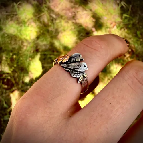 Birdsong ring meticulously hand crafted from a silver half crown coin using traditional hand tools