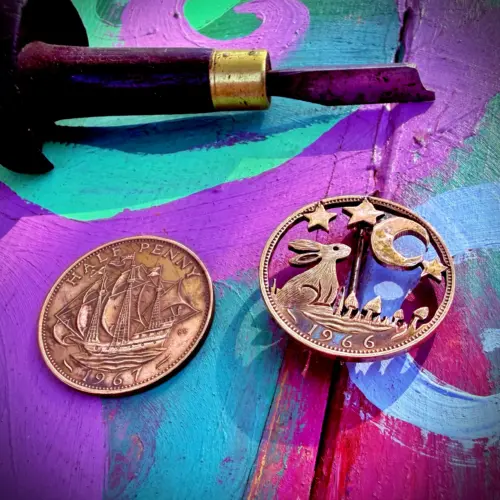 Moon gazing hare brooch badge hand cut and carved from old coin perfect special 50th birthday gift, 60th, 70th, 80th or 40th