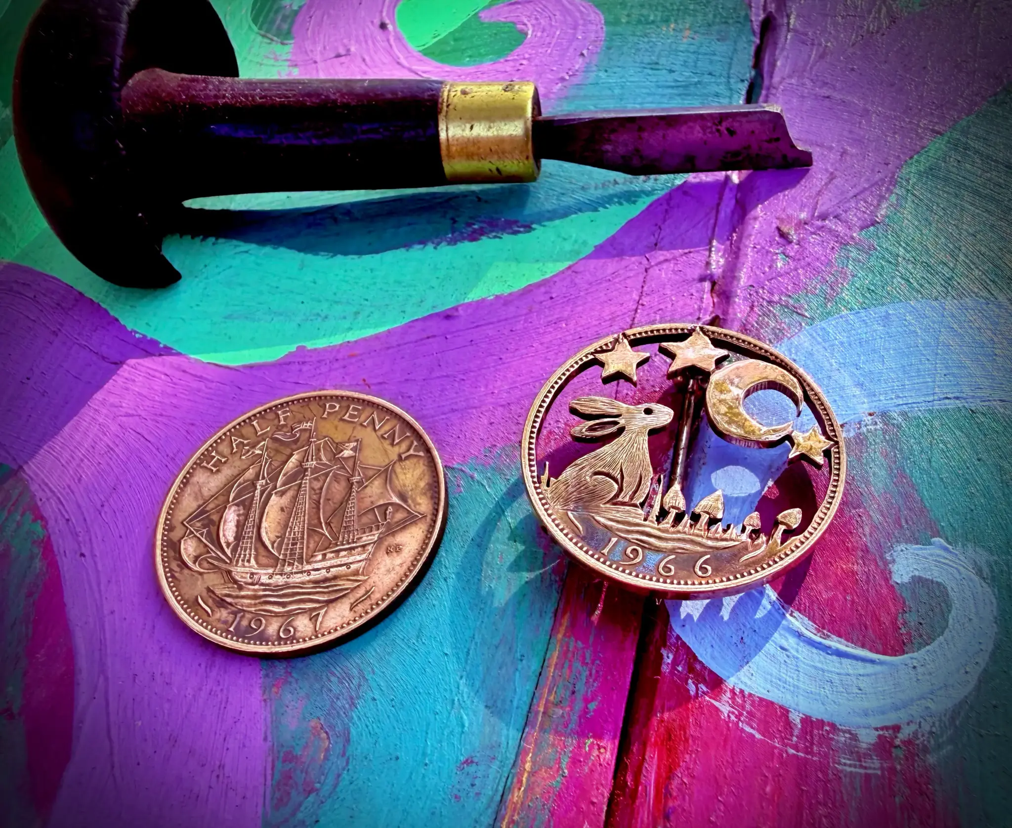Moon gazing hare brooch badge hand cut and carved from old coin perfect special 50th birthday gift, 60th, 70th, 80th or 40th