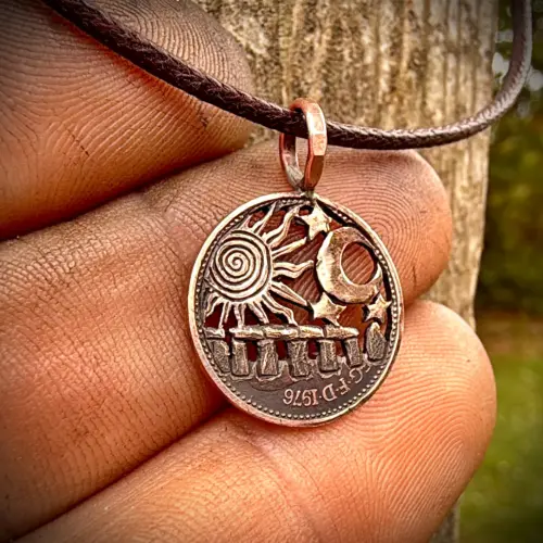 50th birthday 1976 handmade and upcycled summer solstice Strawberry Moon gazing hare solstice coin necklace pendant