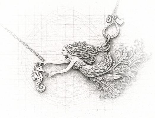 handmade and recycled silver mermaid necklace complete with seahorse.