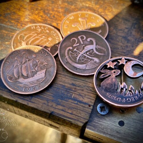 Moon gazing hare brooch badge hand cut and carved from old coin perfect special 50th birthday gift, 60th, 70th, 80th or 40th