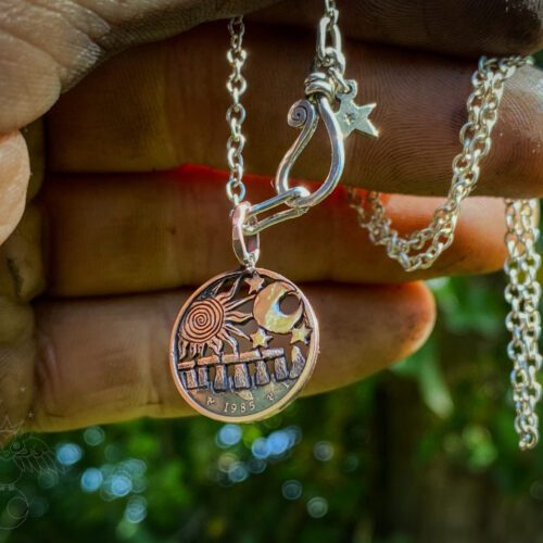 40th birthday 1985 handmade and upcycled summer solstice Strawberry Moon gazing hare solstice coin necklace pendant