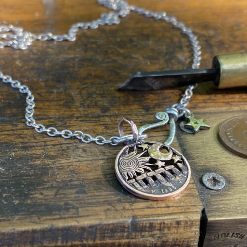 40th birthday 1985 handmade and upcycled summer solstice Strawberry Moon gazing hare solstice coin necklace pendant